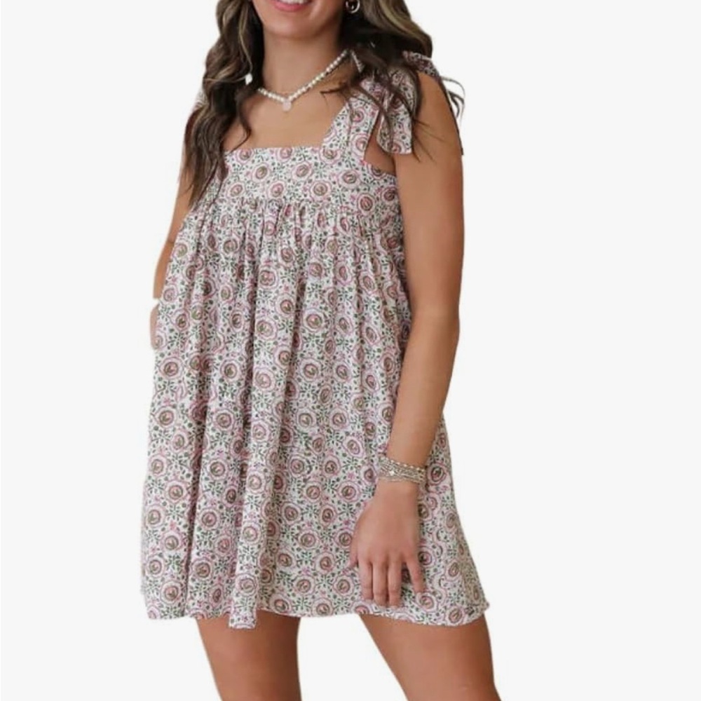 NWOT-Floral Sleeveless Dress with Bow Straps